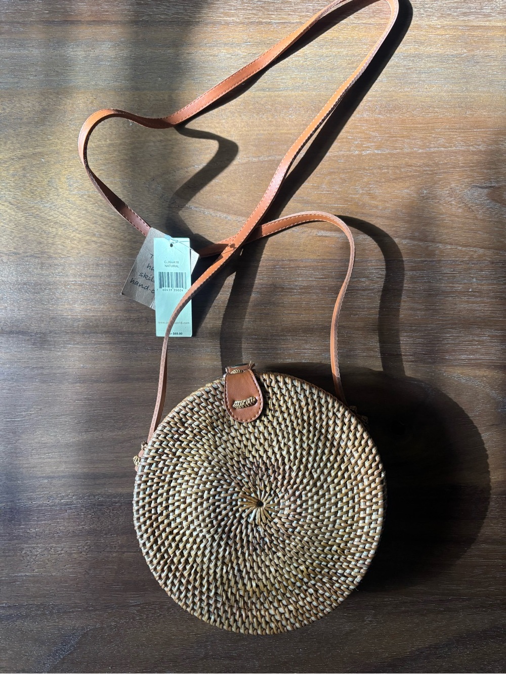 Round Woven Crossbody Bag with Tan Leather Strap